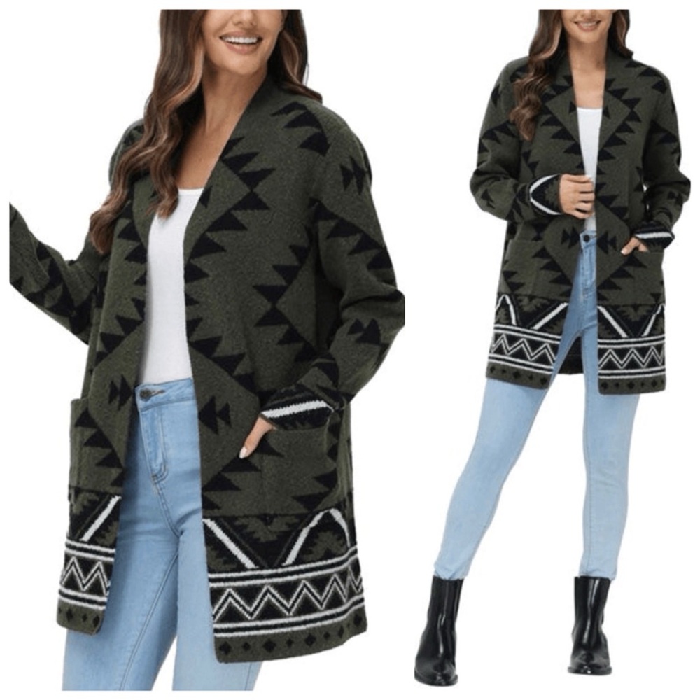 Frye Cozy Cardigan Olive Green Knit Boho Western Aztec Duster Long Sweater S
